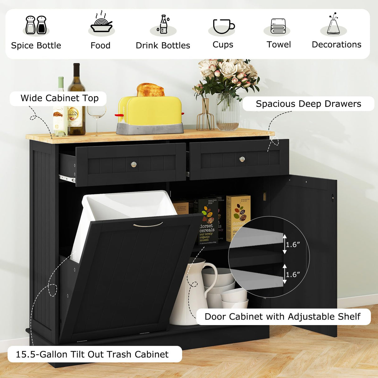 LOKO Kitchen Tilt Out Trash Cabinet, Modern Trash Cabinet with 2 Drawers & Adjustable Shelf, Pet Proof Trash Can Cabinet with Rubber Wood Tabletop, 39.5 x 14 x 35.5 inches (Black) LOKO
