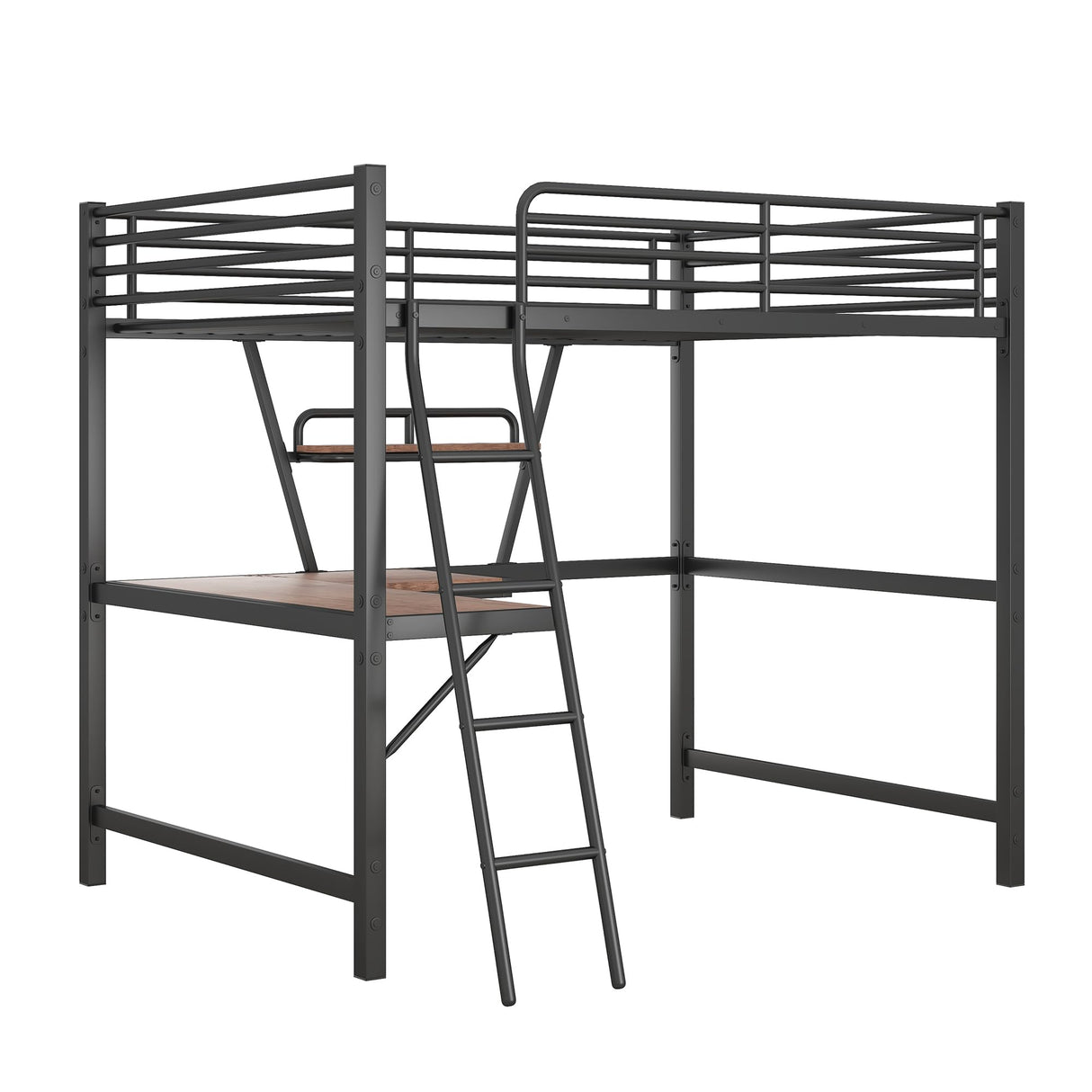 Full Size Loft Bed with Desk and Storage Shelf, Heavy Duty Loft Bed Full Size, Full Loft Bed with L- Shaped Desk and Guardrail, Full Size Loft Bed for Kids, Teens, Adults, Full Size Loft Bed Black Bellemave
