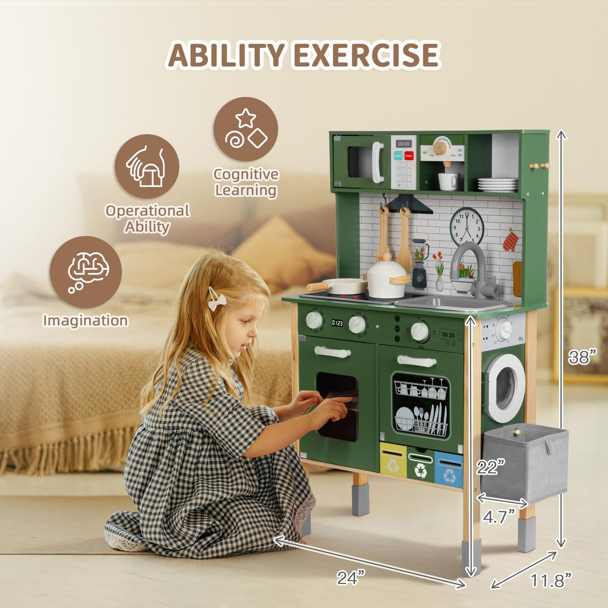 OOOK Kids Kitchen Playset with Sound and Light, Wooden Multifunctional Pretend Play Kitchen with Coffee Machine, Microwave, Dishwasher and Washer Toy ect., Kitchen Set for Kids Aged 3+ OOOK