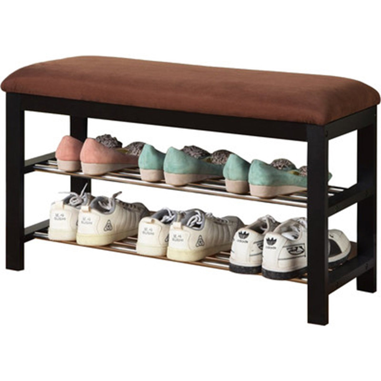 Roundhill Furniture Dark Espresso Wood Shoe Bench with Chocolate Microfiber Seat, Brown, 19.00 x 12.00 x 13.00 Inches Roundhill Furniture