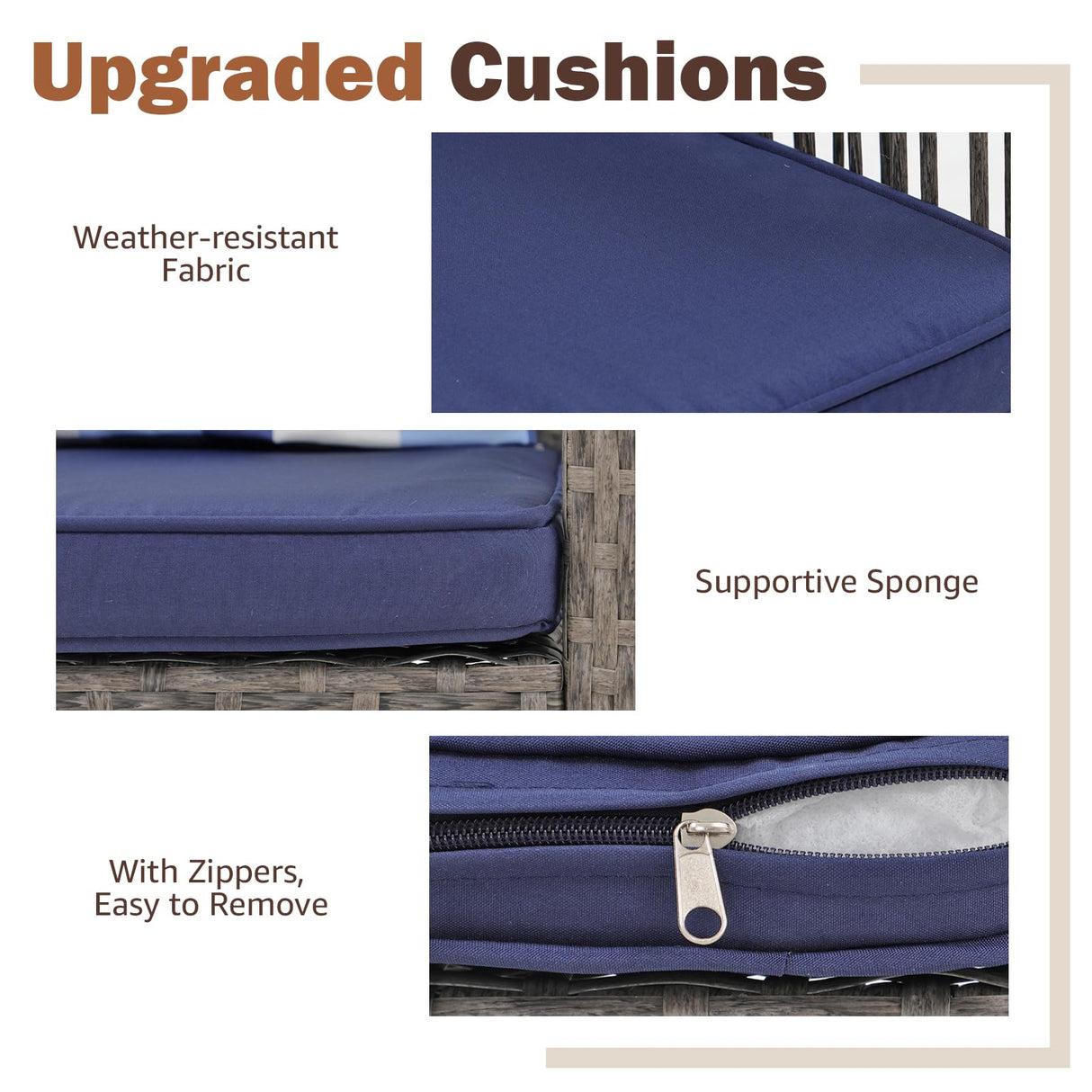 SUNSITT 3-Piece Outdoor Wicker Bar Height Table Set, 2 Bar Stools and 1 Pub Table with 2 Striped Pillows, Grey Rattan, Blue Seat Cushions, Steel Frame SUNSITT