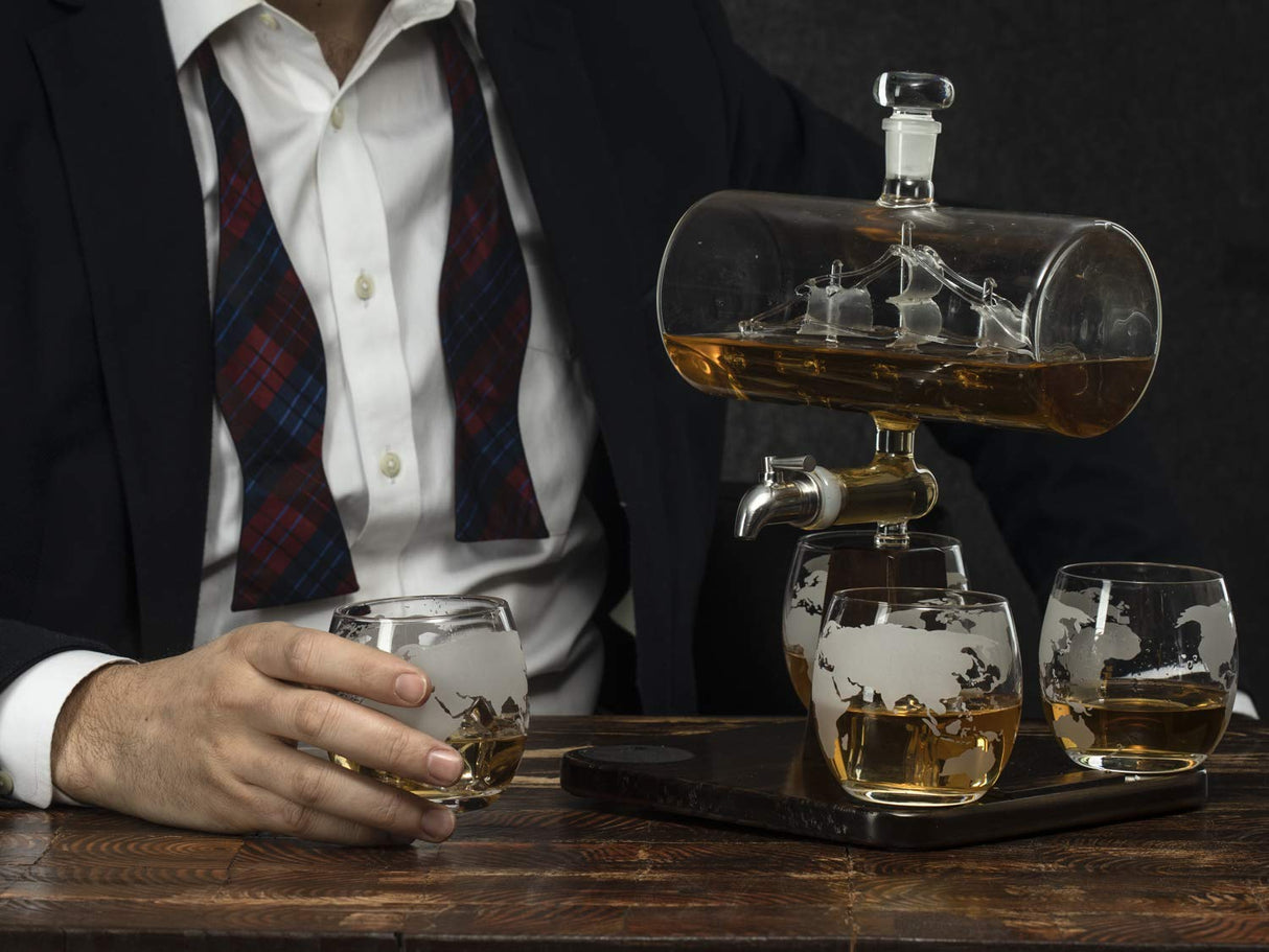 Whiskey Decanter Globe Set with 4 Etched Whiskey Glasses - for Liquor Scotch Bourbon Vodka, Gifts For Men - 1250ml Unique Ship Sails Set for Home Bar, Bourbon, Birthday Gift for Dad The Wine Savant