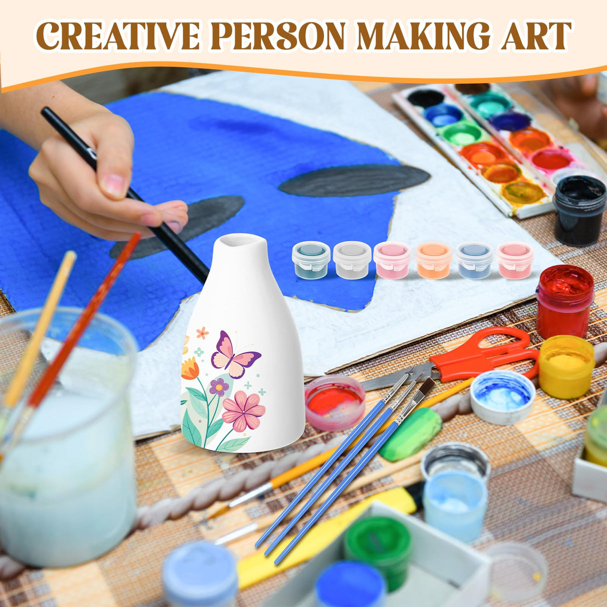 Fuyoooo 6 Sets Paint Your Own Vases Unpainted White Vases Ceramic Painting Kit for Adults with Paint Brushes, Underglaze Paints and Palettes for Birthday Party Activity Gift Art Supplies DIY Craft Fuyoooo