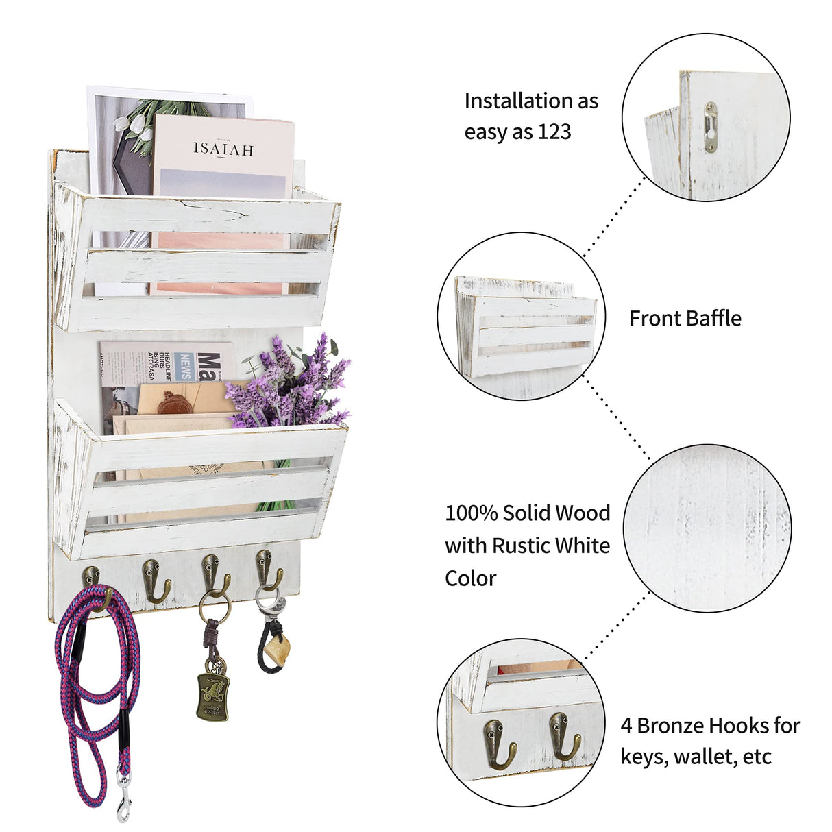 Unistyle Mail Holder with Key Hooks Mail Organizer Wall Mount Hanging Mail Organizer for Home,Office,Entryway,Mail Holder Wall Mounted for Letter, Magazines, Keys, Leashes Unistyle