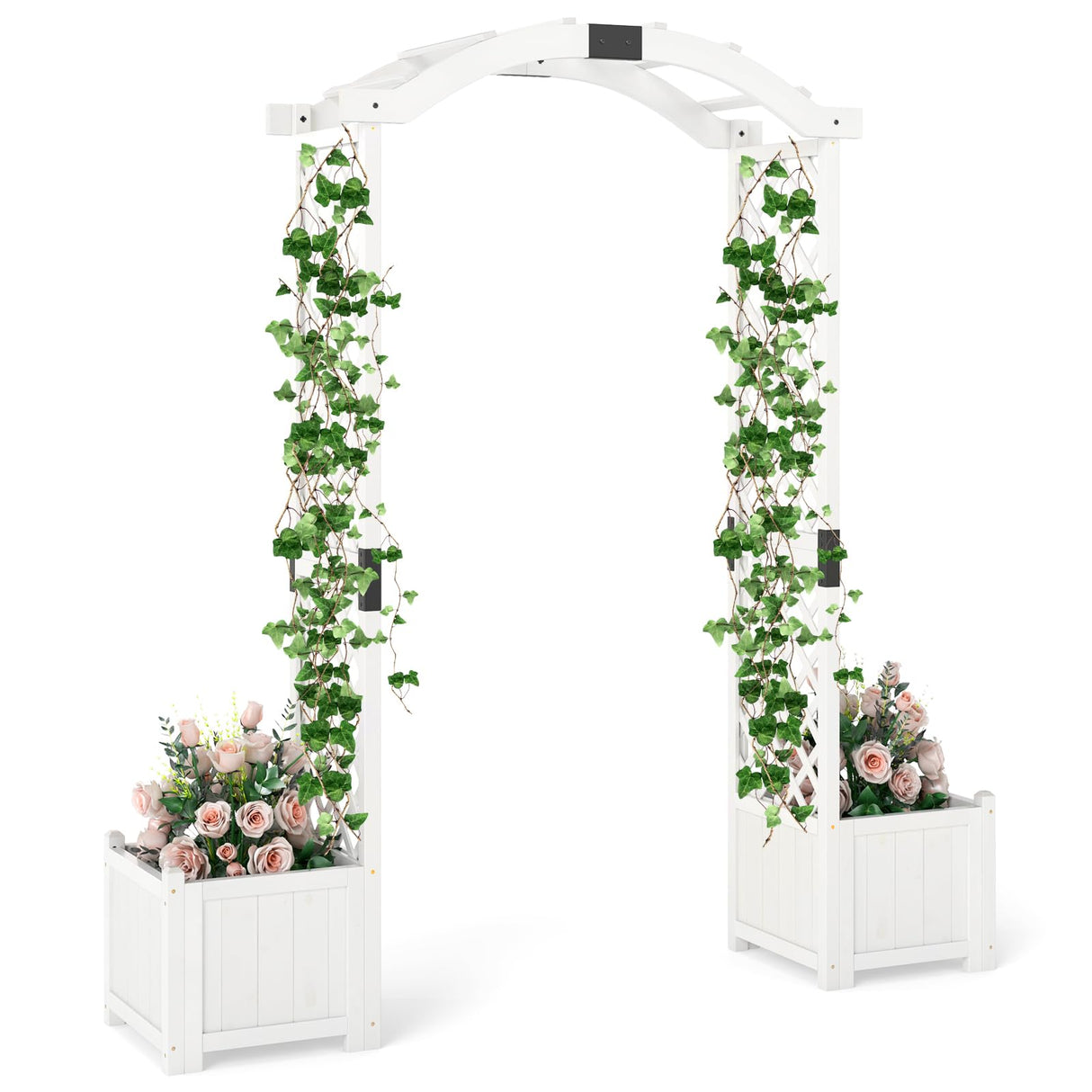 Happygrill Garden Arbor with Planter Boxes, Outdoor Wedding Arch with Trellis for Climbing Plants Vine Vegetables Herbs, Wooden Arbor Archway for Ceremony, Party (White) HAPPYGRILL