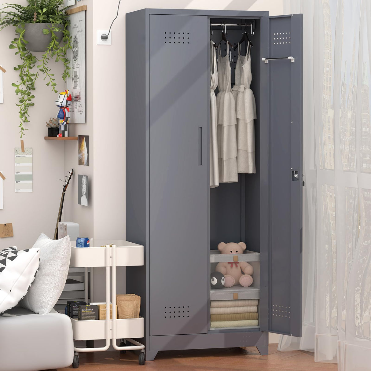 GREATMEET 65" Garage Storage Cabinet, Broom Closet Storage Cabinet, Metal Cabinets with Doors and Shelves, Utility Closet for Brooms and Mops, Utility Cabinets for Storage, Grey GREATMEET