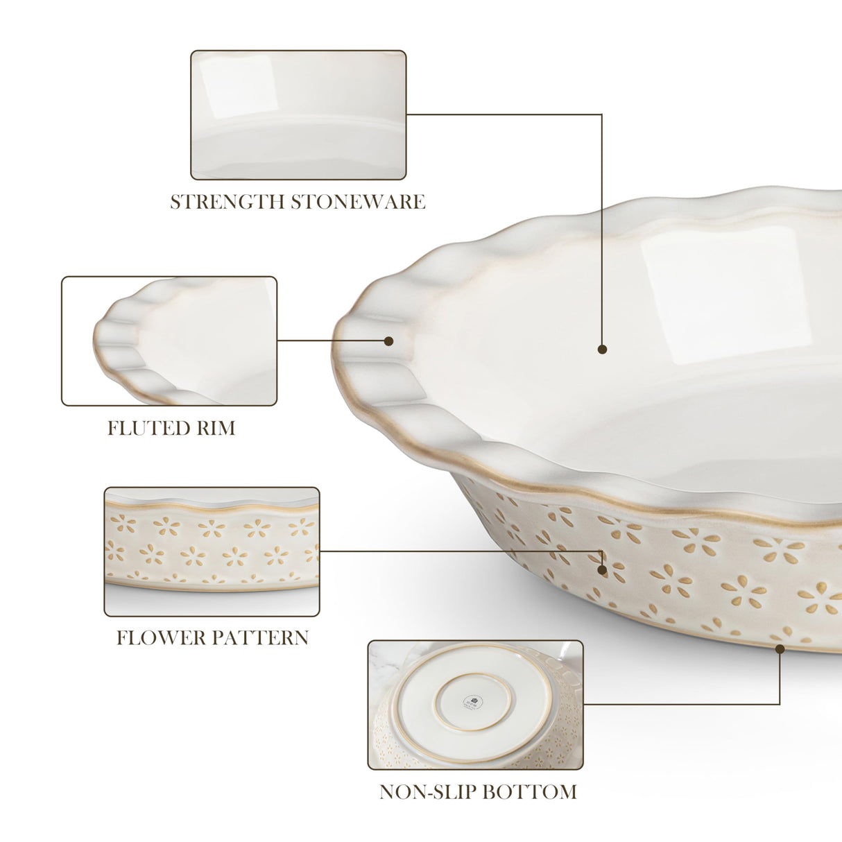 MALACASA Pie Pan, Stoneware Pie Dish for Baking, 45 OZ Deep Dish Pie Pans 9 Inch, Embossed Quiche Baking Dish for Oven, Fluted Dish Pie Plate for Apple Pie, Pot Pie and Quiche, Set of 1, Series LYDIA MALACASA