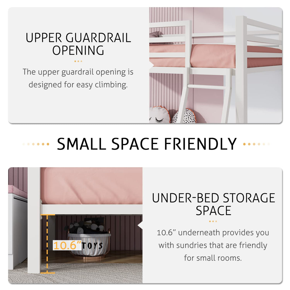 SHA CERLIN Loft Bunk Bed Twin Over Twin Size with Ladder and Guardrail,Heavy Duty Metal Slats Support No Box Spring Needed Small Space Saving Furniture for Bedroom Dorm,White SHA CERLIN