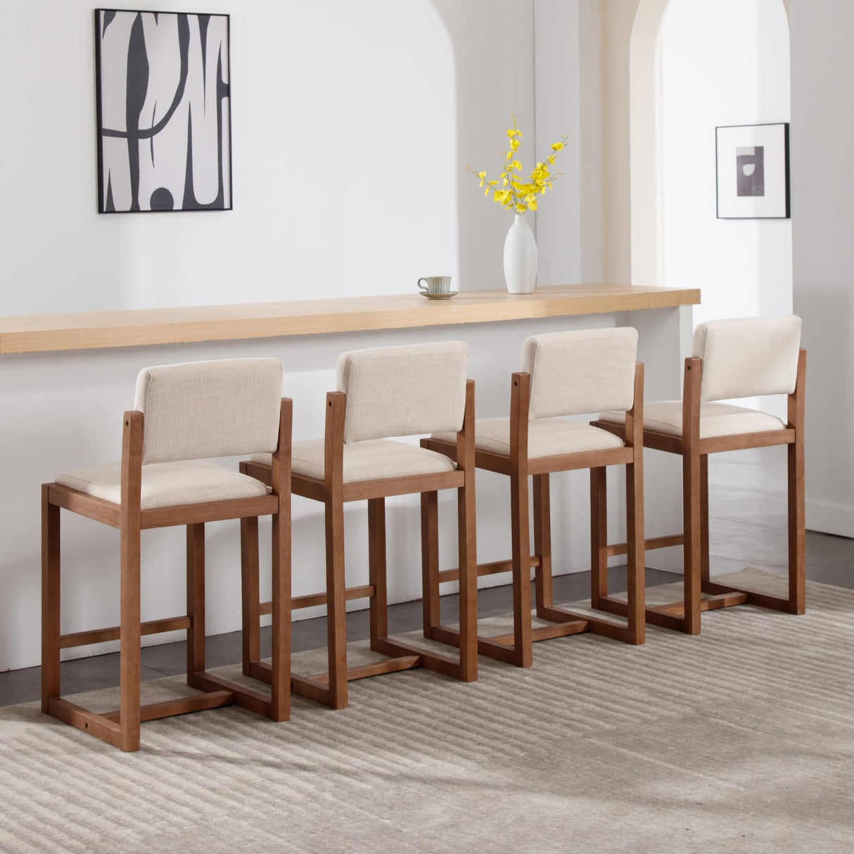 LukeAlon Linen Counter Stools Set of 4, Farmhouse Upholstered 26" Seat Height Counter Height Bar Stools with Wood Legs Open Back for Home Pub Kitchen, Beige LukeAlon