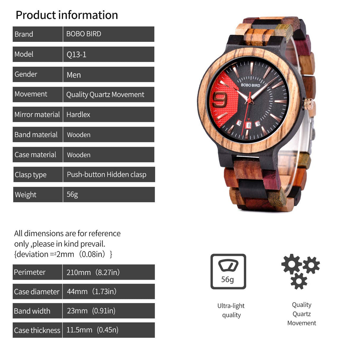 BOBO BIRD Men's Colorful Wooden Watches Analog Quartz Date Display Wood Watch Handmade Luxury Casual Wristwatch with Gifts Box for Men BOBO BIRD