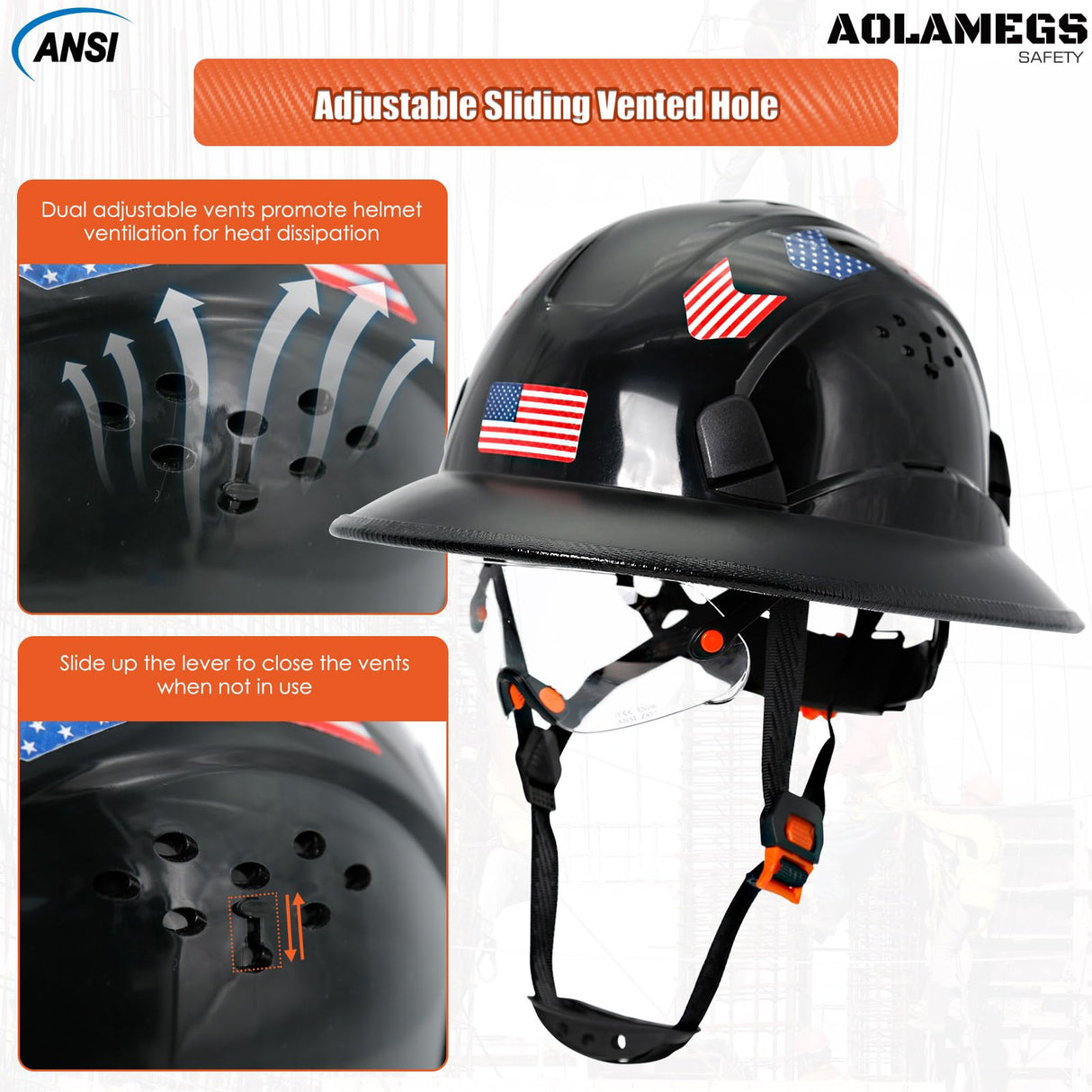 Aolamegs Safe Full Brim Hard Hats Construction OSHA Approved With Clear Visor - ANSI Z89.1 Vented Black Hard Hat With Chin Strap Reflective Cascos De Construccion Safety Helmet for Men 6-Pt Suspension Aolamegs Safe