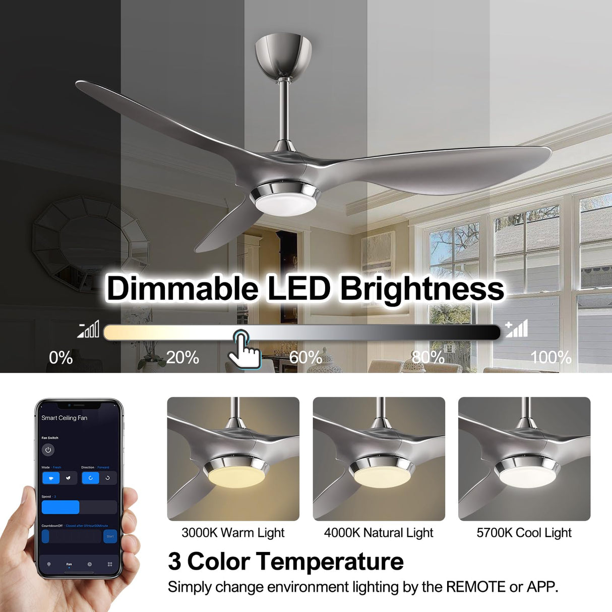 reiga 52 Inch Modern Smart WiFi Ceiling Fan with Light and Remote Control, Living Room Bedroom Patio 3 Blade Ceiling Fans with Reversible Mute DC Motor, Silver reiga