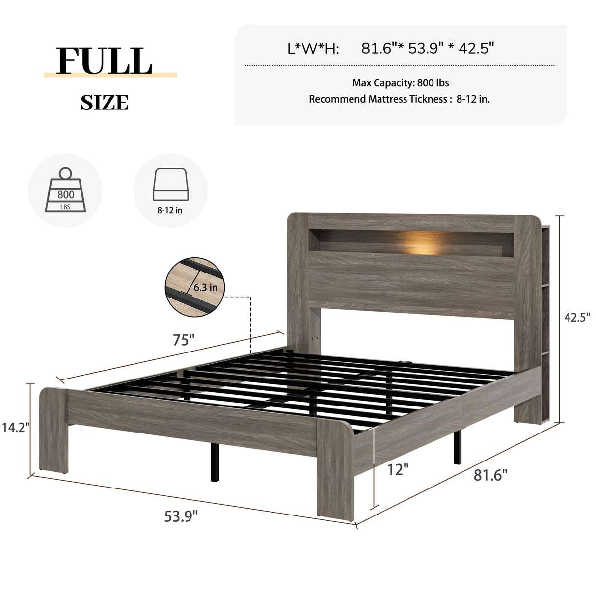 Full Size Wooden Bed Frame with Bookcace Storage Headboard, Rustic Farmhouse Bedframe with LED Lights and Charging Station, Sturdy and Stable, Slat Support, No Box Spring Required (Light Brown, Full) PAUKIN