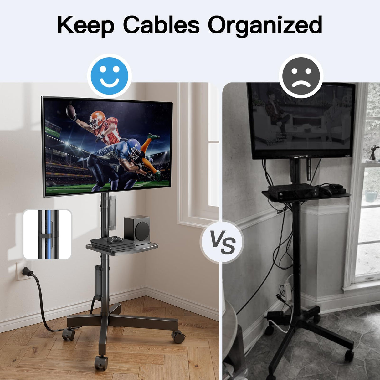 HUANUO Rolling TV Stand with Power Outlet, Mobile TV Cart for 23-60 Inch Flat/Curved LED/LCD/OLED TVs up to 88 lbs, TV Cart Height Adjustable Portable TV Stand on Wheels Max VESA 400x400mm HNTVMC02 HUANUO