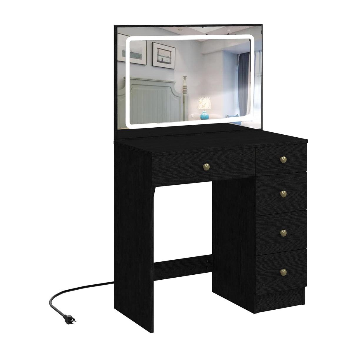 Makeup Vanity with Large Lighted Mirror, Vanity Desk with 5 Drawers Vanity Set with Power Outlet 3 Color Lighting Modes Dressing Table for Women Girls (Black) Panana