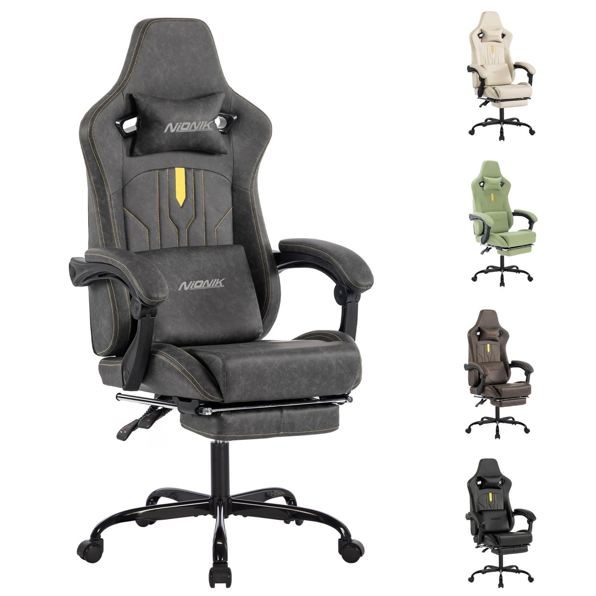 Gaming Chair, Video Game Chair with Massage Lumbar Support and Footrest, Comfortable Ergonomic Computer Chair with Linkage Armrests, Height Adjustable Racing Game Chair Pu Leather for Adults, Grey NIONIK