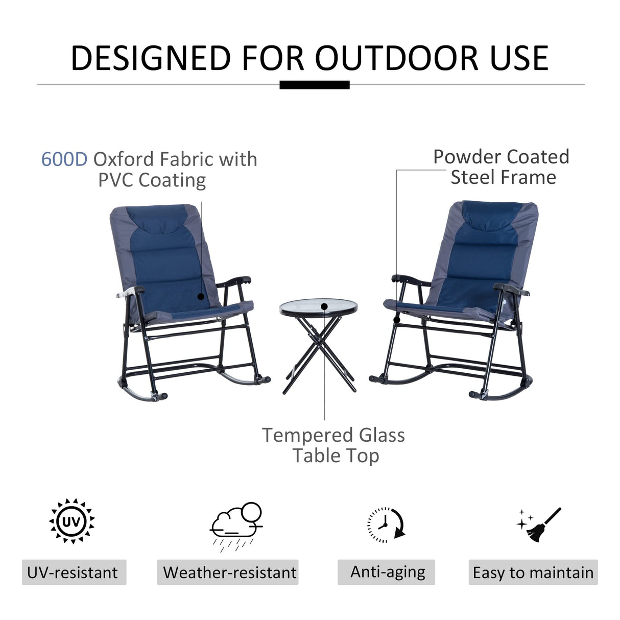 Outsunny 3 Piece Outdoor Patio Furniture Set with Glass Coffee Table & 2 Folding Padded Rocking Chairs, Bistro Style for Porch, Camping, Balcony, Navy Blue Outsunny