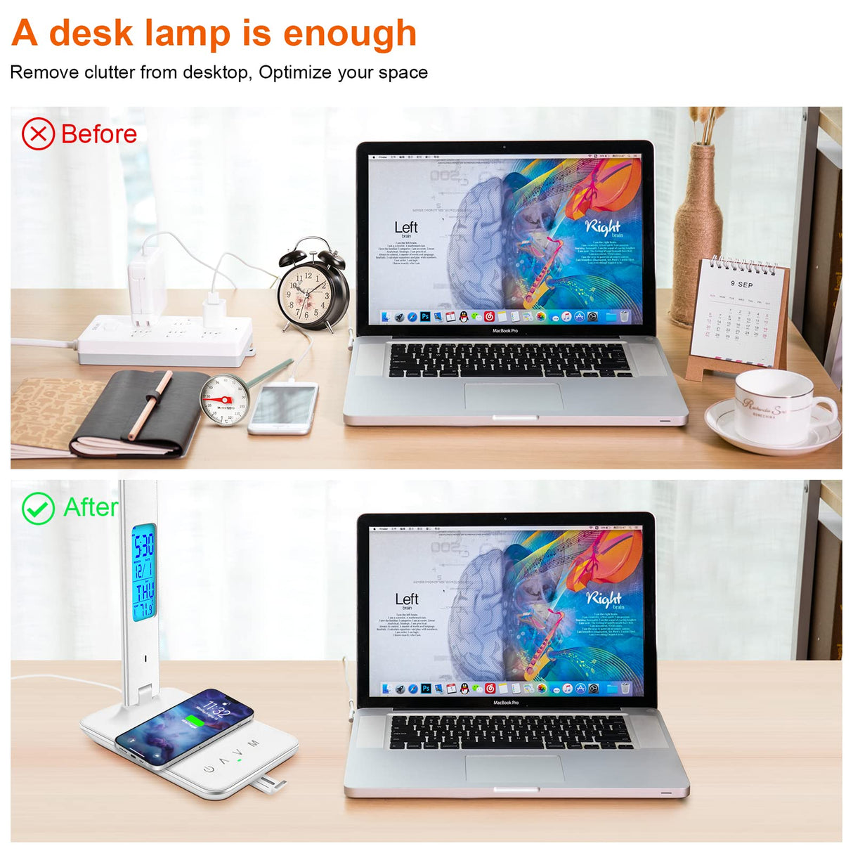 snsok Desk Lamp with Wireless Charger, USB Charging Port, Dimmable Office Desk Light with Clock, Alarm, Date, Temperature, Foldable Lamp for Table Bedroom Bedside Office (White) snsok