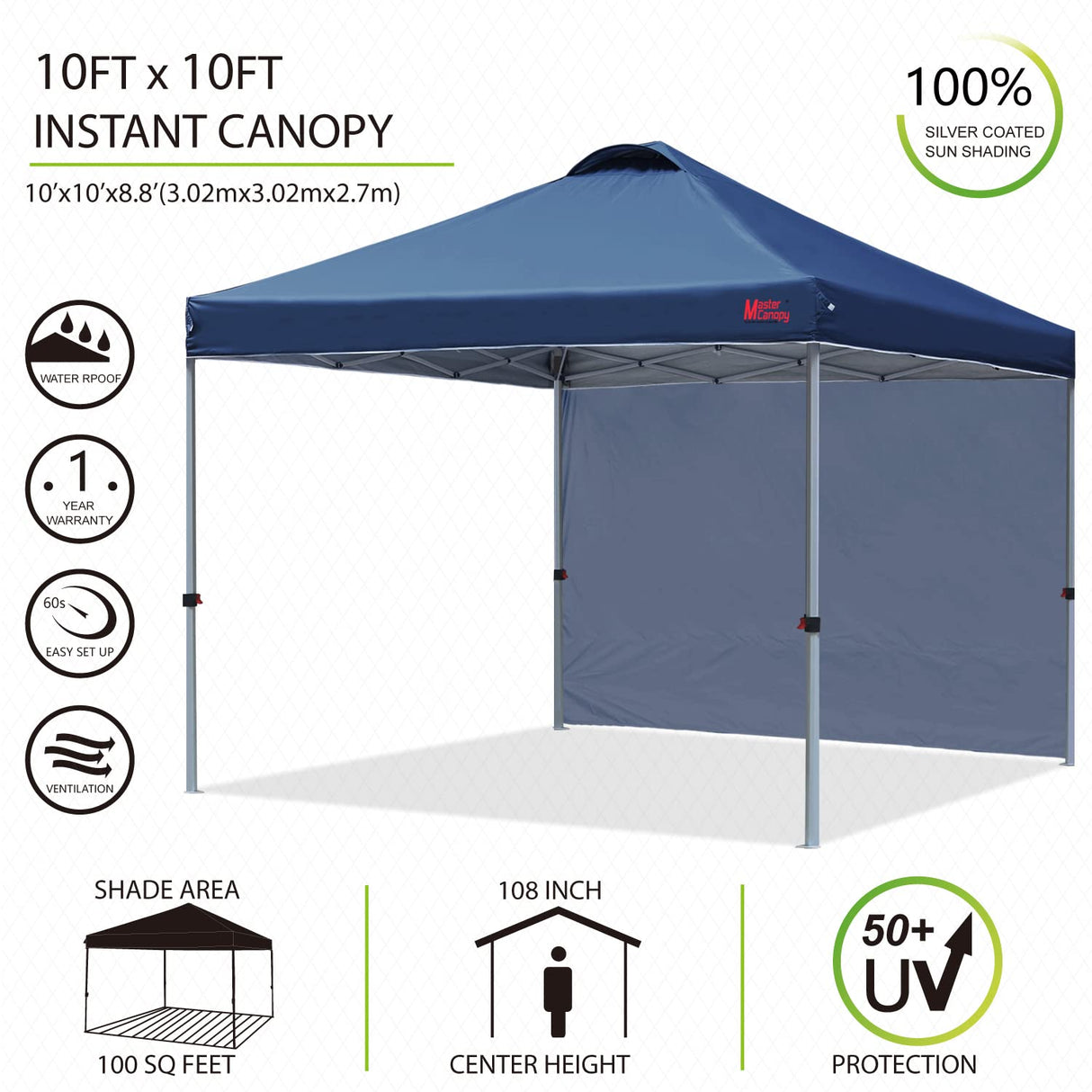MASTERCANOPY Durable Pop-up Canopy Tent with 1 Sidewall (10'x10',Navy Blue) MASTERCANOPY