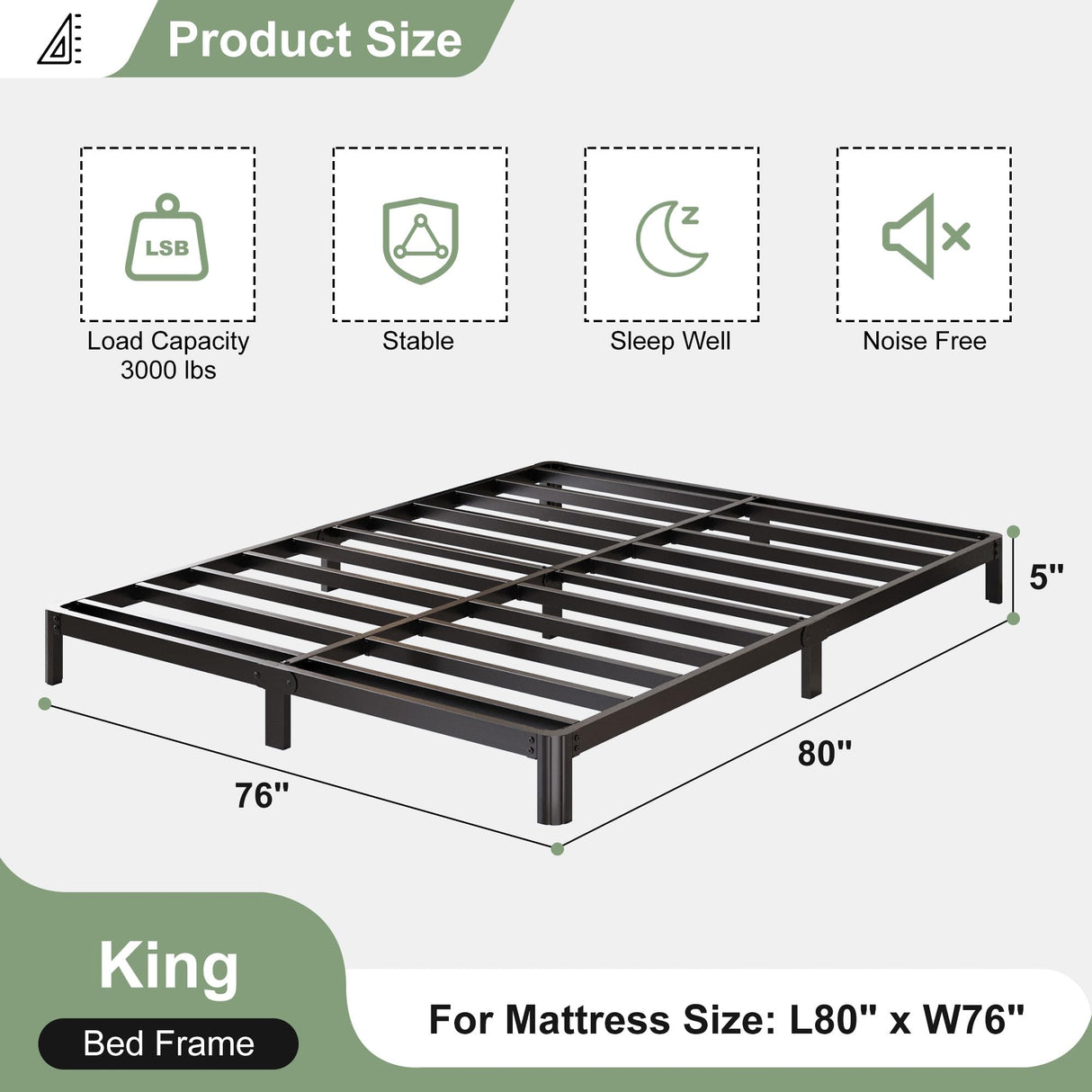 Lutown-Teen 5 Inch Low King Bed Frame with Rounded Corner Legs, 2000 LBS Heavy Duty Metal King Size Platform Bed Frame No Box Spring Needed, Noise Free, Easy Assembly, Black Lutown-Teen