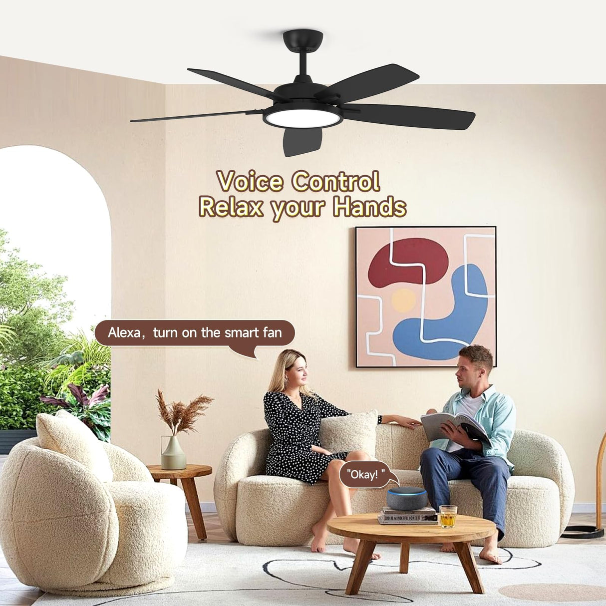 Roomratv 52 Inch Smart Ceiling Fan with Light,App Control,Ultra Silent Reversible DC Motor Fan Remote Control Compatible with Alexa Google Assistant(Black) Roomratv
