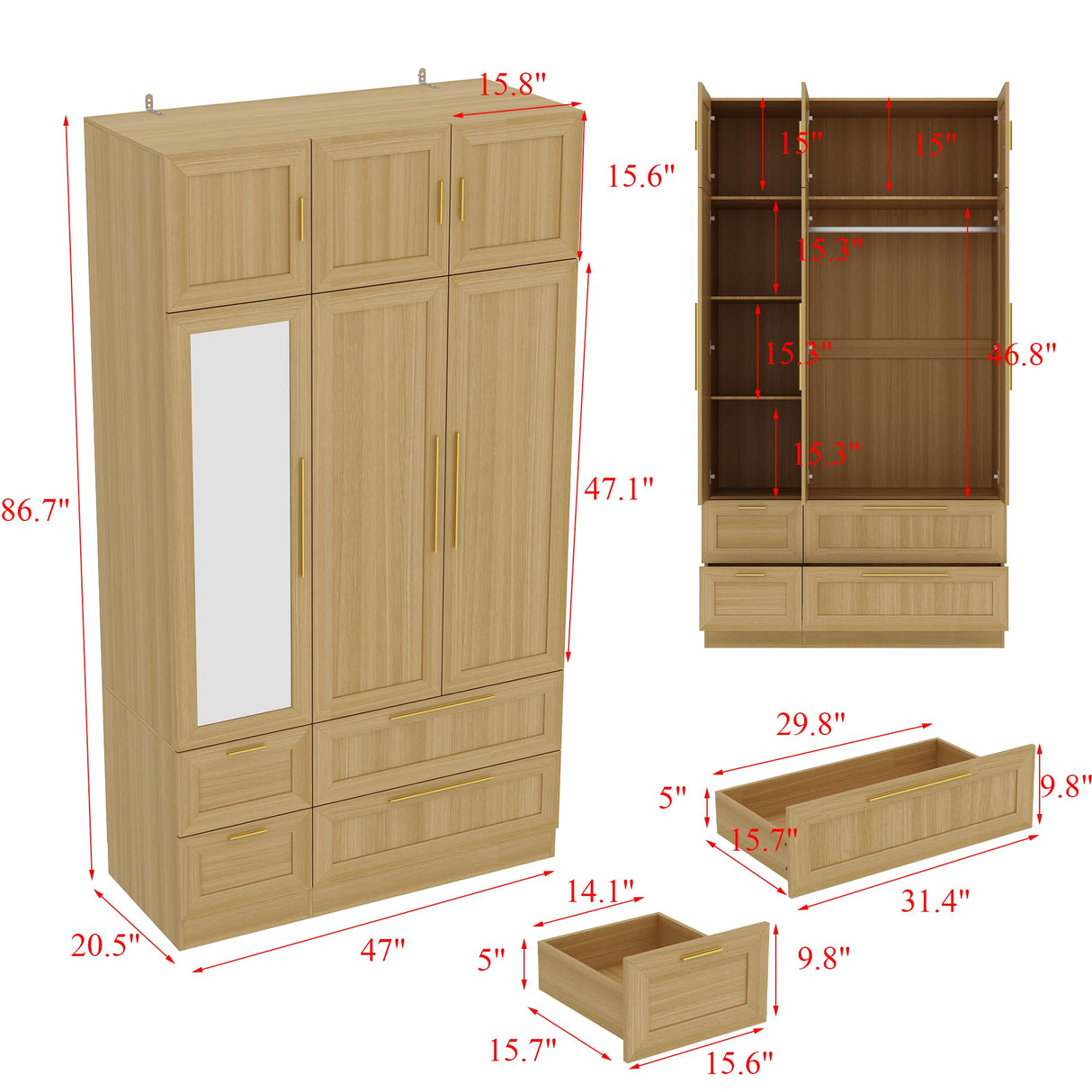 TAMUNE Wardrobe Closet with Mirror, 3 Door Wardrobe with Hanging Rod, 4 Drawers, Shelves, Modern Bedroom Armoire with Gold Handle, Oak Clothes Cabinet, 20.5”D x 47”W x 86.7”H TAMUNE