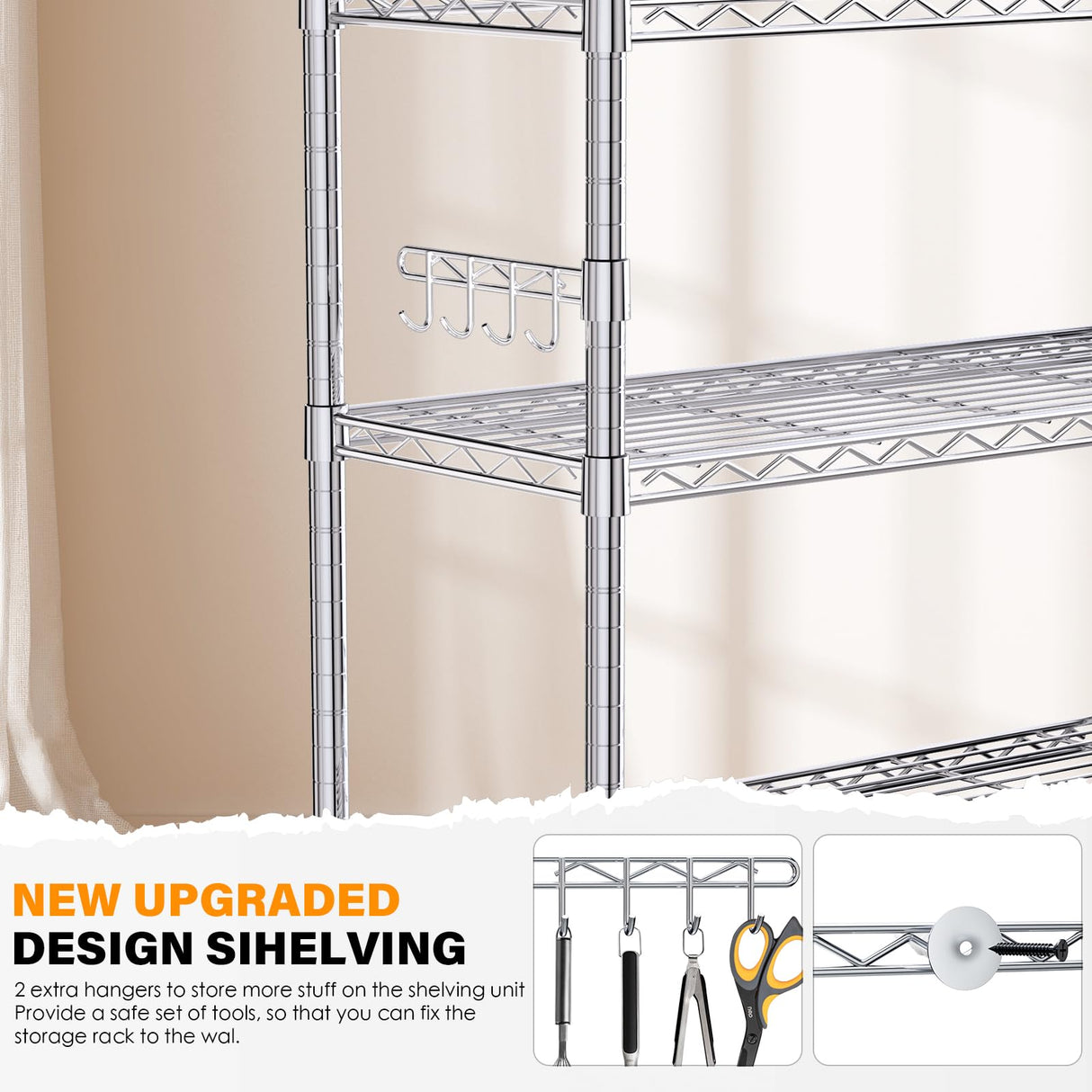 YNN Storage Shelves,1750Lbs 5 Tier Heavy Duty Metal Rolling Shelving Unit with Wheels & 8 Hooks, Adjustable Garage Wire Rack for Kitchen, Bathroom,Industrial,Pantry(36" W x 14" D x 72" H, Chrome) YNN