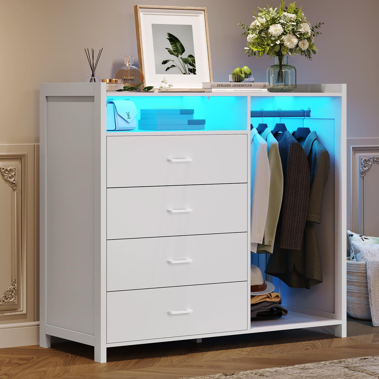 VIAGDO Dresser for Bedroom with Clothes Rail, Chest of 4 Drawers with LED Lights, Modern White Dresser with Open Storage Space for Bedroom Entryway, Large Capacity VIAGDO