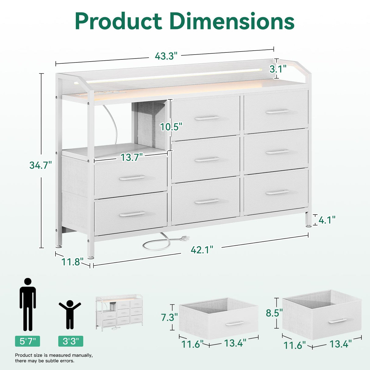 KKL White Dresser for Bedroom with Light Strip & Power Outlet — 8 Drawers Dressers & Chest of Drawers with Shelf, Wood Top, Metal Frame, Wide Dressers for Girls Bedroom, Living Room, Hallway, Closet KKL