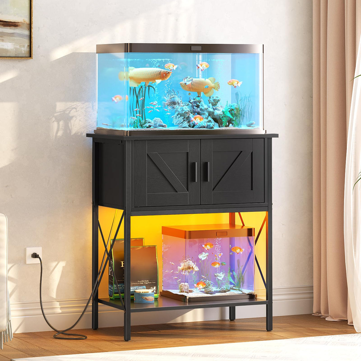 HOOBRO 20 Gallon Fish Tank Stand with Power Outlets and LED Light, Metal Frame Aquarium Stand, Reptile, Turtle Tank Stand with Cabinet Storage, 27.6'' L x 15.7'' W, 300 LBS Capacity, Black BB40UDFT01 HOOBRO