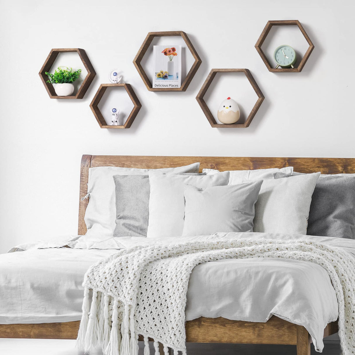 Hexagon Floating Shelves Set of 6 Farmhouse Honeycomb Wall Storage Shelf Wood Display Hexagonal Shelves Wall Mounted Hanging Rustic Shelf Racks for Bedroom Living Room Hallway Office Decor, Brown CADUKE