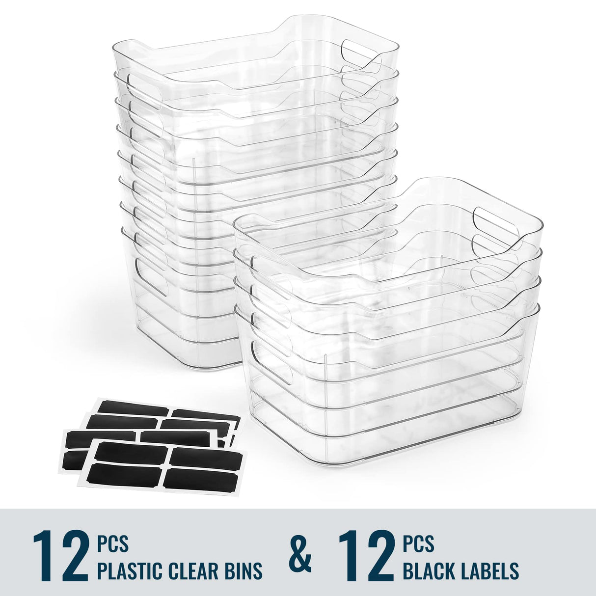 12 PACK Multi-Use Clear Plastic Storage Bins for Organizing w/ Labels - Home, Kitchen, Bathroom, Office, Pantry Cabinet Shelf Organizer Bins - SOHO Collection, RV, Fridge Organization Containers LANDNEOO