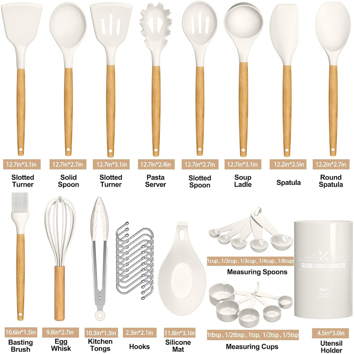 Umite Chef Kitchen Cooking Utensils Set, 33 pcs Non-stick Silicone Cooking Kitchen Utensils Spatula Set with Holder, Wooden Handle Silicone Kitchen Gadgets Utensil Set (Cream White) Umite Chef