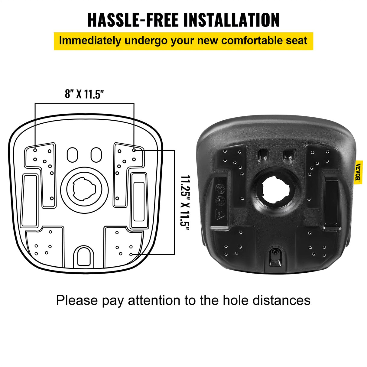 VEVOR Universal Tractor Seat Replacement 2 Pcs Compact High Back Mower Seat, Black Vinyl Forklift Seat, Central Drain Hole Skid Steer Seat with Mounting Bolt Patterns of 8" x 11.5" & 11.25" x 11.5" VEVOR