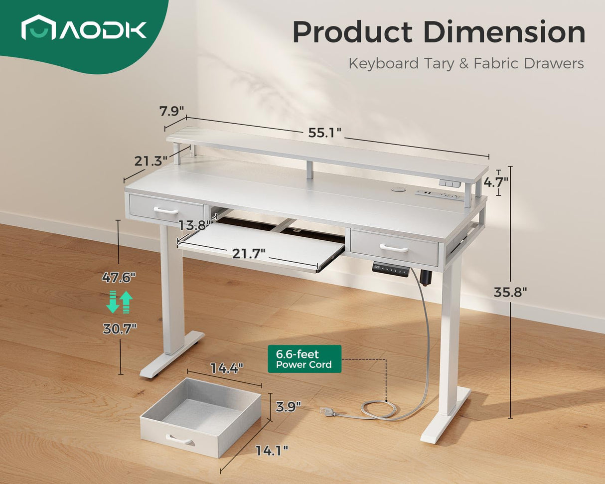 AODK Electric Standing Desk with Drawers & Keyboard Tray, 55 Inch Height Adjustable Gaming Desk with Power Outlets & LED Lights, Sit Stand Table with Monitor Stand for Home, Office, White AODK