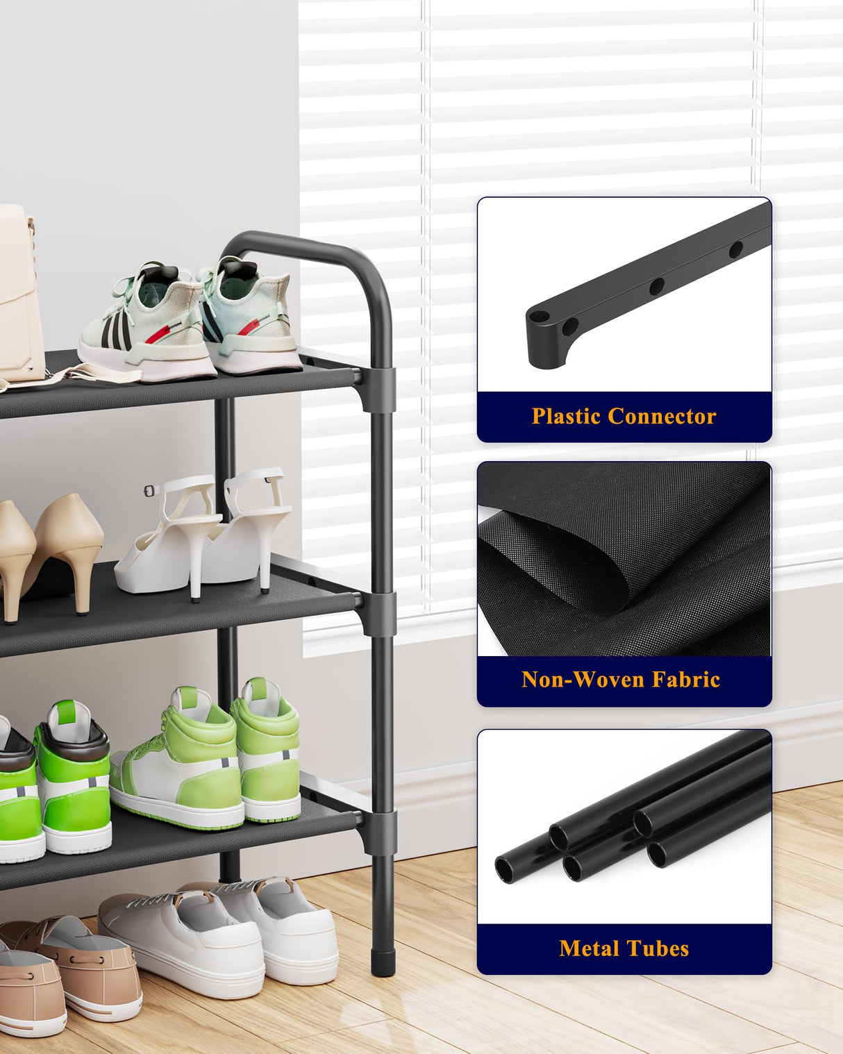 Kitsure Extra-Long Shoe Rack for Closet, Shoe Organizer for Front Door Entrance, Stackable Shoe Shelf, Detachable Closet Organizers and Storage, 39.0" Wide - 3 Tier, Black Kitsure