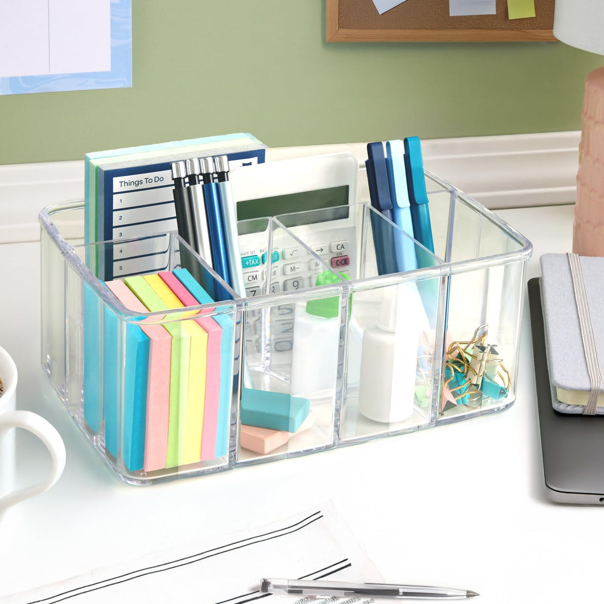 STORi 5-Compartment Clear Plastic Organizer | Rectangular Divided Makeup and Vanity Storage Bin and Office Desk Caddy | Scalloped Wall Design | Made in USA STORi