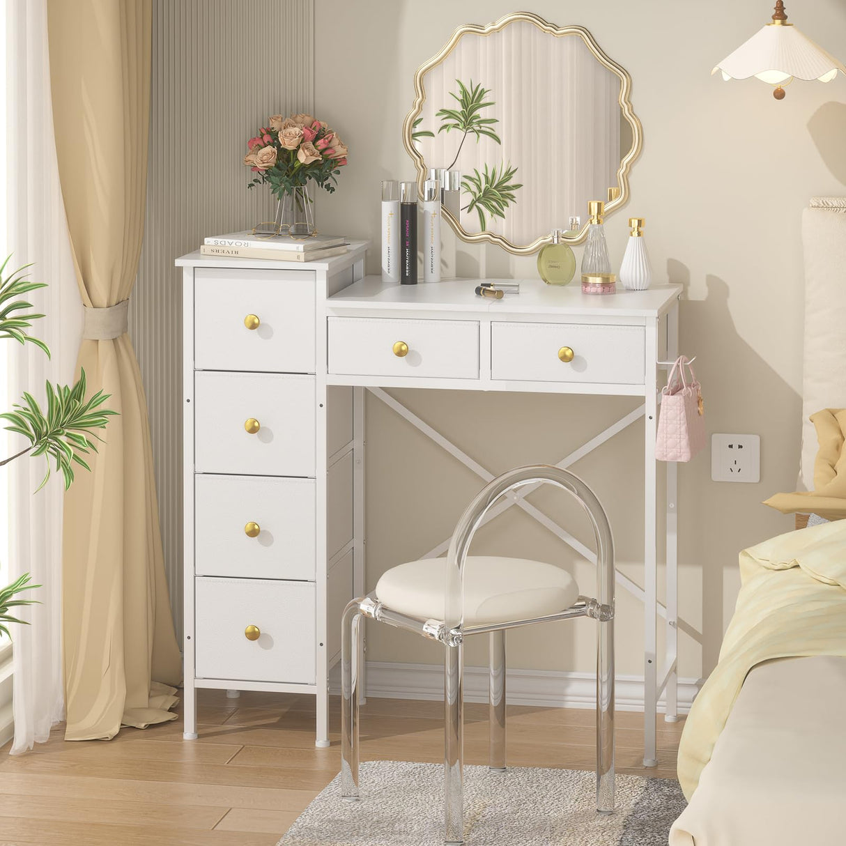 Vanity Desk No Mirror, Small White Vanity Desk, Makeup Girls Vanity Table with 6 Storage Drawers, Dressing Table for Small Spaces, Compact Vanity with Iron Hook for Bedroom, 33.07"L x 12.6"W x 33.07"H DAOUTIME