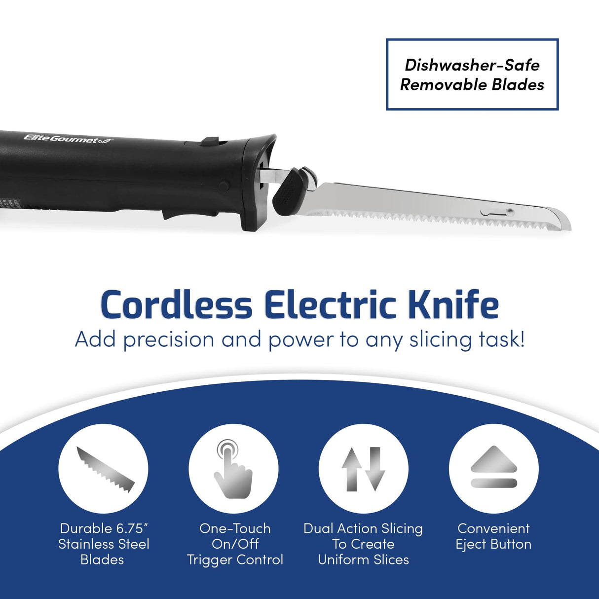 Elite Gourmet EK9810 Professional Cordless Rechargeable Easy-Slice Electric Knife with 4 Serrated Blades and Safety Lock Trigger Release, Carving Meats, Poultry, Bread, Black Elite Gourmet