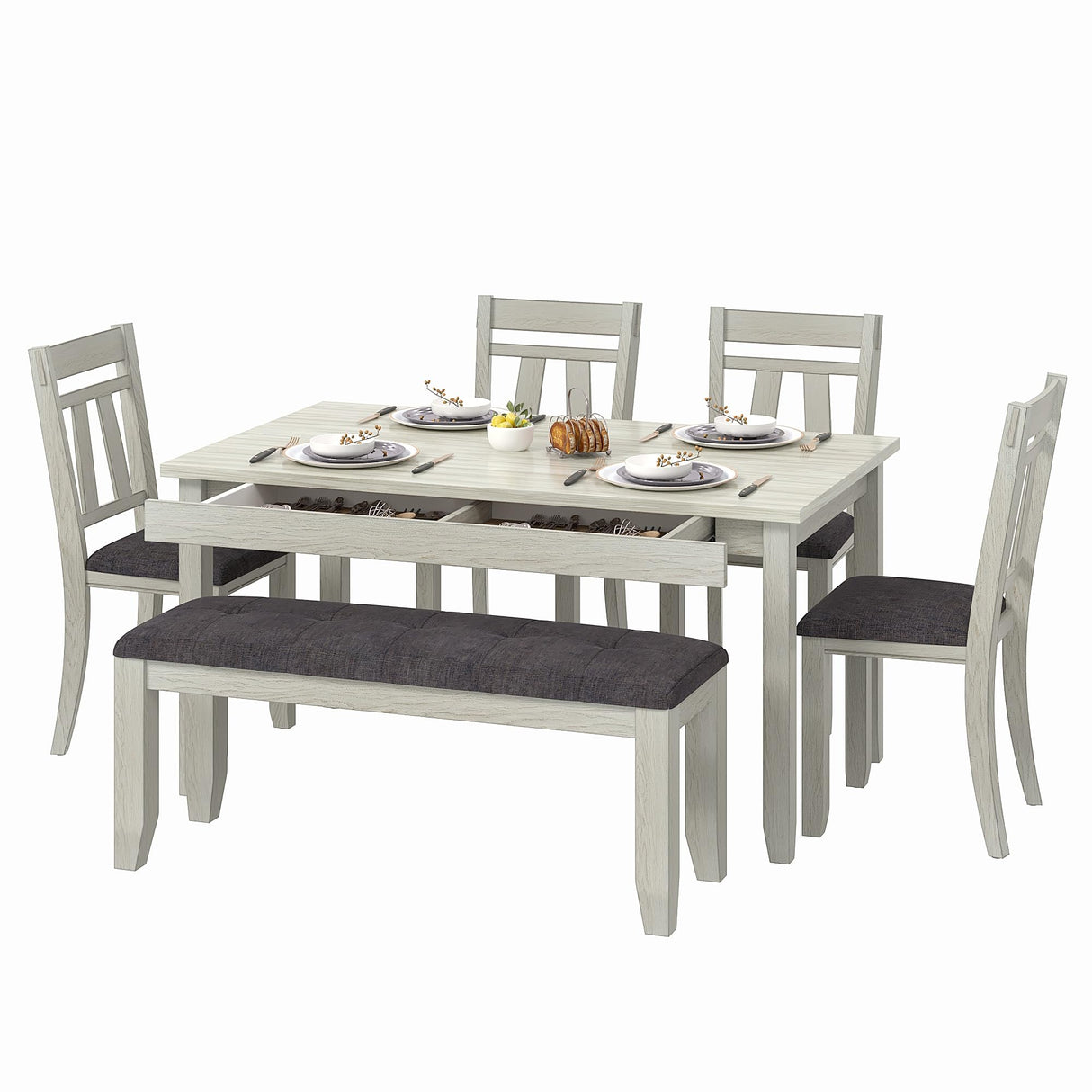 Peatuk 6-Piece Solid Wood Dining Table Set for 6, Modern Breakfast Dinette Kitchen Table with Bench & Chairs for Dining Room, Kitchen, Grey Peatuk