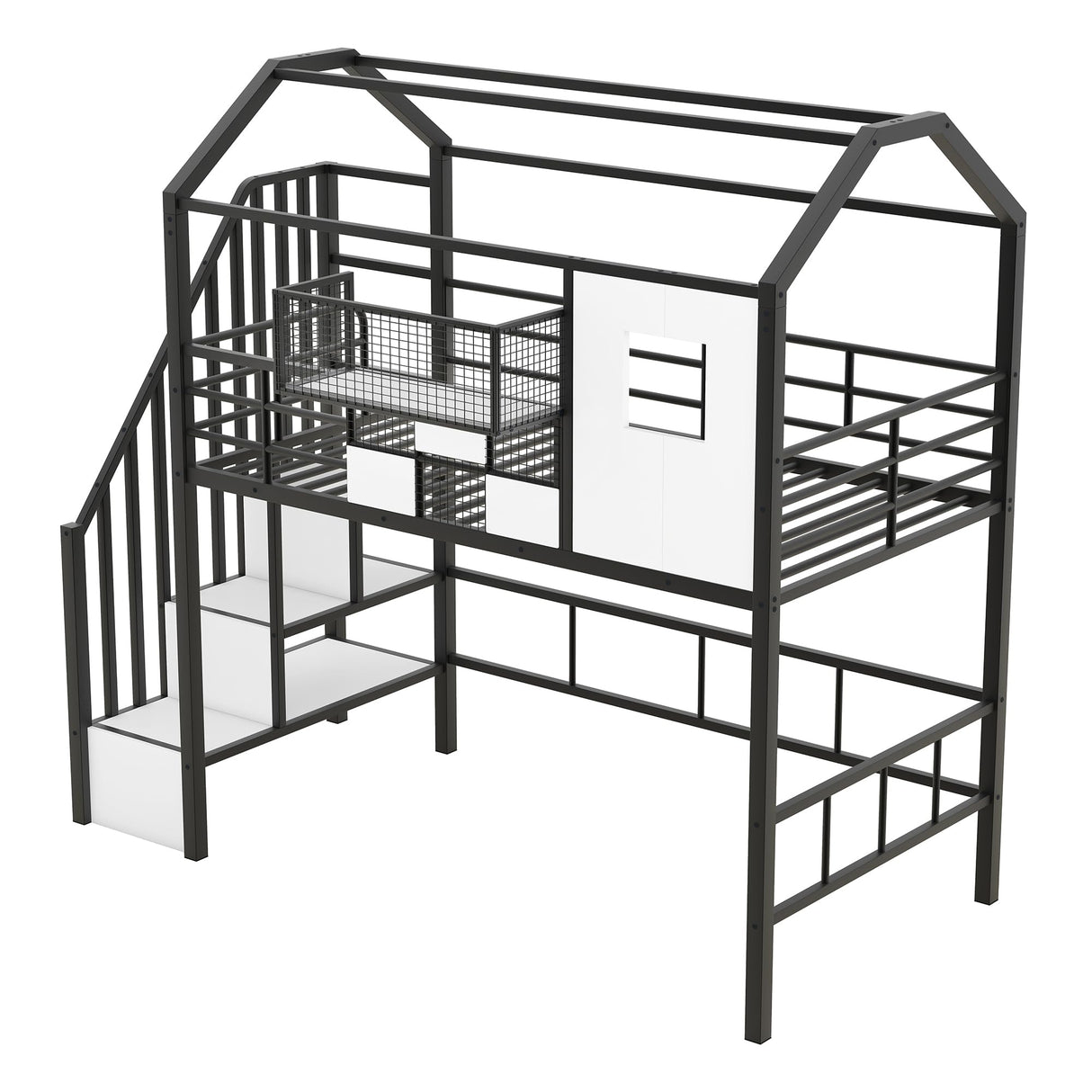 Bellemave Twin Loft Bed with Storage Stairs, Roof, Window and Guardrail, House Loft Bed Twin Size/Metal Loft Bed with Storage Box, Twin Loft Bed for Kids, Girls Boys, Twin Size House Loft Bed Black Bellemave