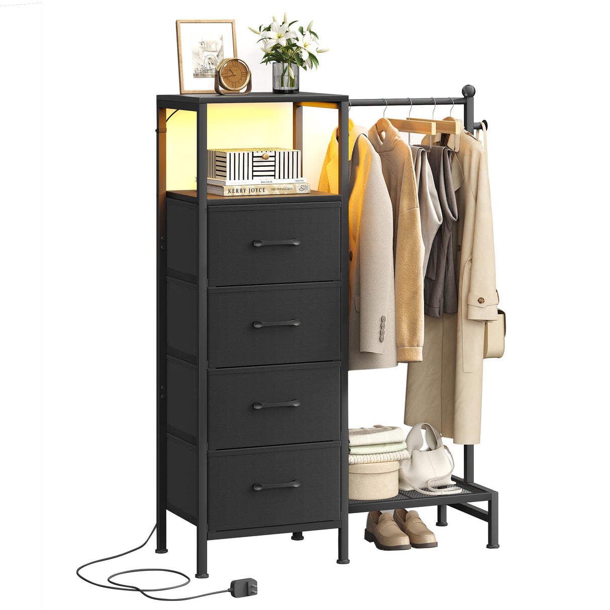 TRIFEBLE Dresser for Bedroom with Reversible Hanging Rack, 4 Drawers Dresser with LED Lights, Fabric Dressers with Open Shelf, Chest of Drawers with Clothes Rack, Kids Dressers for Bedroom, Black TRIFEBLE