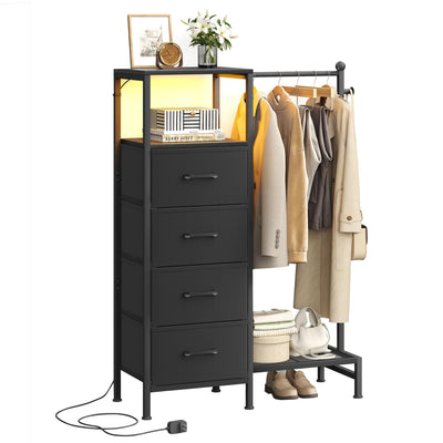 TRIFEBLE Dresser for Bedroom with Reversible Hanging Rack, 4 Drawers Dresser with LED Lights, Fabric Dressers with Open Shelf, Chest of Drawers with Clothes Rack, Kids Dressers for Bedroom, Black