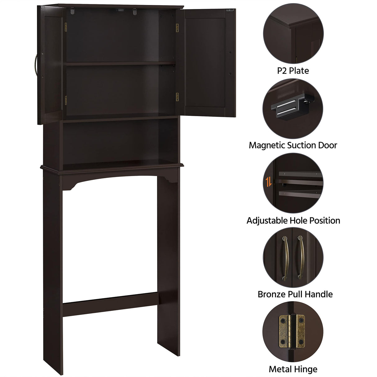 Yaheetech Espresso Over The Toilet Storage Rack with Adjustable Shelves and Doors Yaheetech
