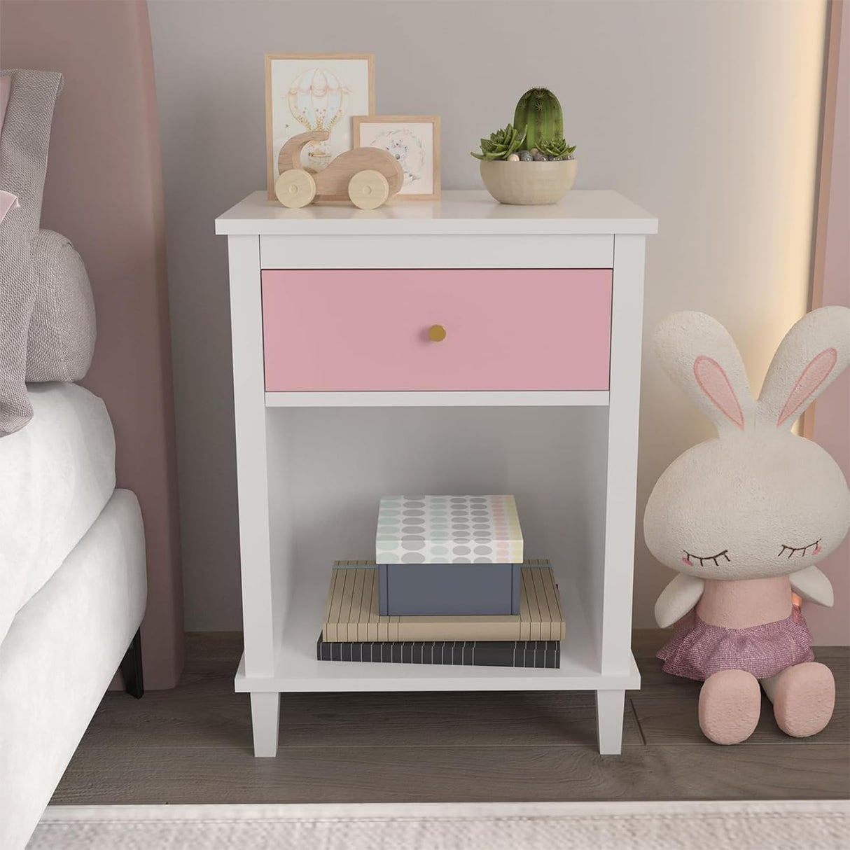 kikiumi White Nightstand,Night Stand with Pink Drawer,2-Tier Bed Side Table with Storage,Wood Bedside Table,Small Night Stands for Bedrooms Modern/Simple (1,Pink) kikiumi