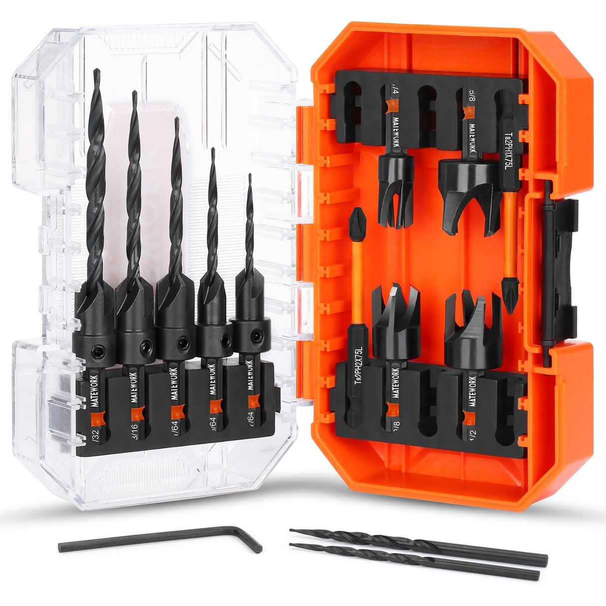 Matework Countersink Drill Bit Set, M2 Cobalt HSS Counter Sink Drill Bit for Wood, Adjustable Depth Drill Bit Set, 15PCS Wood Plug Cutter Drill Bit Set for Woodworking Matework