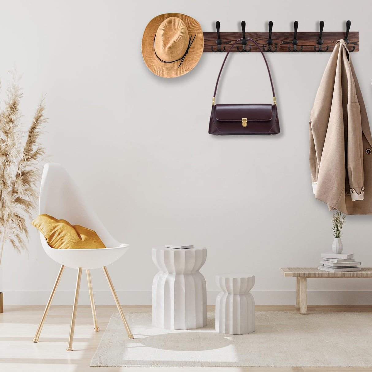 Kuhome 32.2'' Large Coat Rack Wall Mount Coat Hooks Coat Hanger with 8 Metal Black Triple- Hooks Brown Pine Real Wood Plank Hat Rack for Wall Hooks for Hanging Coat Hat Jacket Kuhome