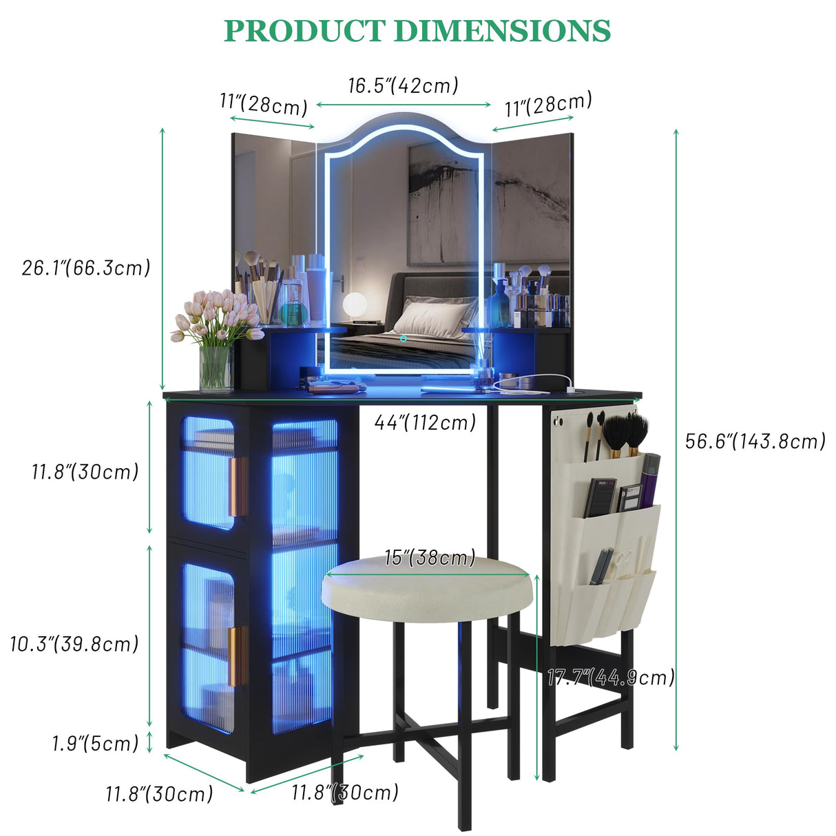 LVSOMT Corner Vanity Desk with Mirror and Lights, Makeup Vanity with Charging Station, Dressing Table with 3 Lighting Options, Vanity Set with Stool, Women’s Vanity for Bedroom, Black LVSOMT