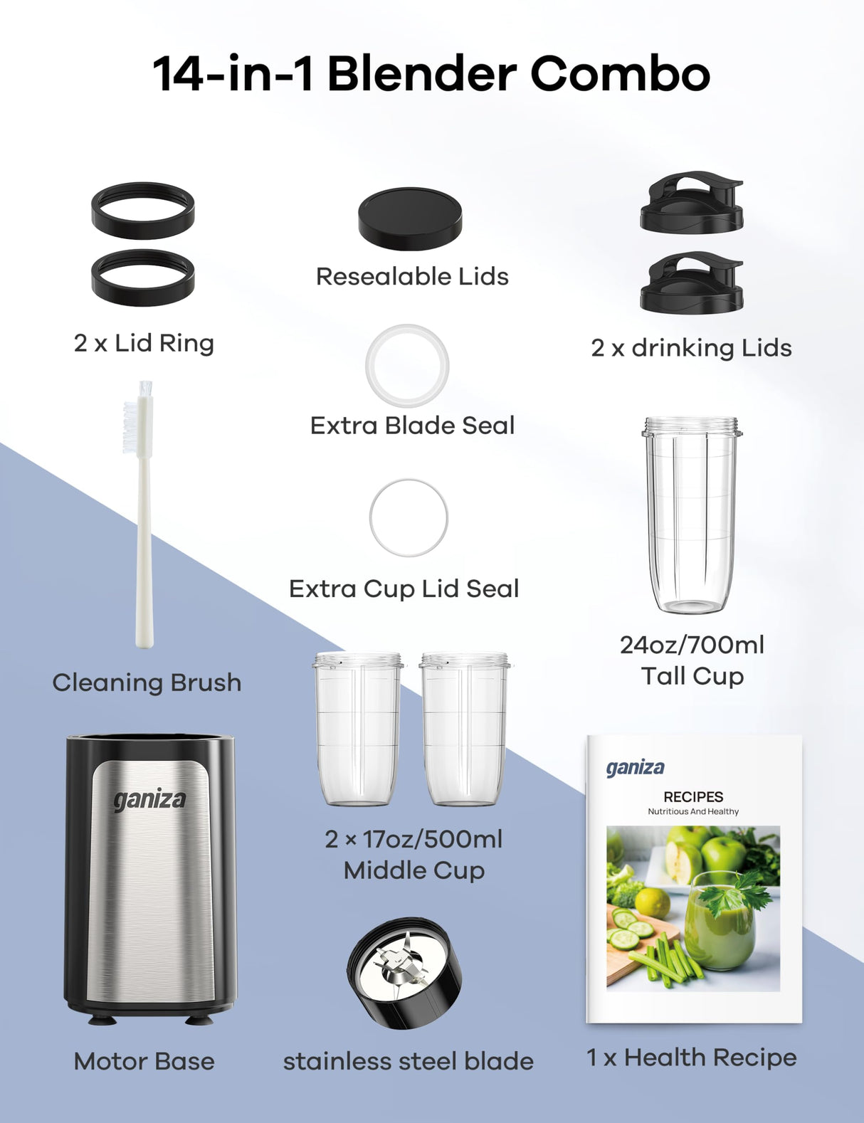 Ganiza Blender for Smoothies, 14Pcs Personal Blender for Shake and Smoothies for Kitchen with 3 Portable Blender Cups (1x24oz & 2X17oz), Single Serve Smoothie Maker, Nutritious Recipe Smoothie Blender Ganiza