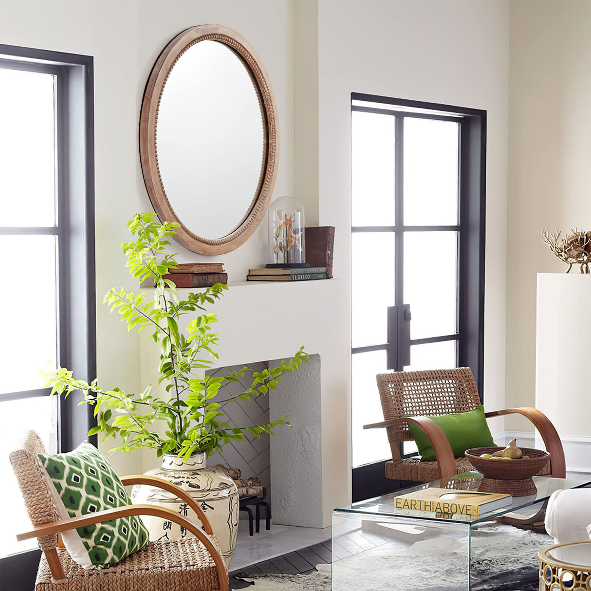 Sawsile Round Decorative Circle Farmhouse Style Mirror - 24inch Rustic Natural Wooden Frame Beads for Bedroom, Bathroom, Living Room or Entryway sawsile